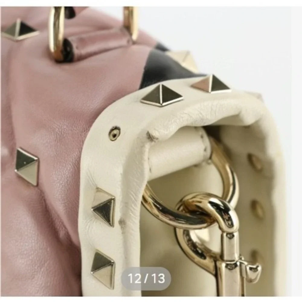 Valentino Garavani Candystud Top Handle Purse Pink Beige Black Leather Studded